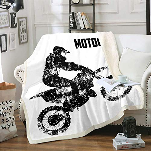 Motocross Fahrer Flanell Fleecedecke 150x200cm Jungen Extremsport Thema Kuscheldecke Schwarz Weiß Motorrad Muster Wohndecke für Bed Dirt Bike Couchdecke