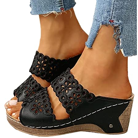 Onsoyours Plateau Sandalen Damen Sommer Keilabsatz Pantoletten Flach Geschlossene Slingback Wedges Sandaletten Halbschuhe Vintage Freizeit Offene Schuhe Strandsandalen A Schwarz 37 EU