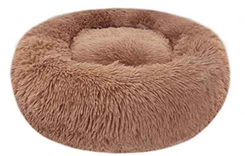 Cama calmante para perros y gatos, cama redonda de felpa esponjosa de 23.6 pulgadas, cálida y suave, acogedora, antiansiedad, con parte inferior antideslizante y lavable (L-60 cm, café)