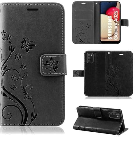 Hülle Kompatibel mit Samsung Galaxy A02s | Premium PU Leder Handyhülle Wallet Case für Galaxy A02s | Schutzhülle Blumen Klapphülle Handyhülle | Schwarz
