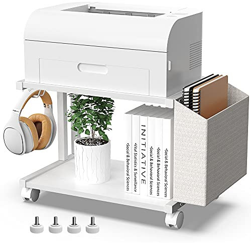 VEDECASA 2 Tier Printer Stand with Storage Bag Wheels Under Desk for Home Office Desktop Printer Table Organizer Mobile Printer Shelf Mobile (White)