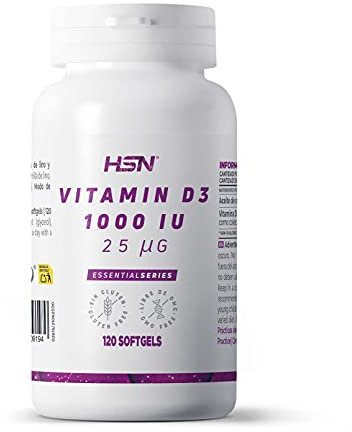 Vitamina D3 1000 UI de HSN | 120 Perlas | Suplemento de Vitamina D Colecalciferol | Funcionamiento normal del sistema inmunitario | Con Aceite de Lino para Mejorar la Absorción | No-GMO, Sin Gluten