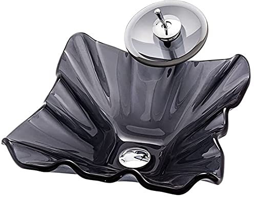 Waschbecken aus gehärtetem Glas, graue Blumenform künstlerisches Waschbecken, Aufsatzwaschbecken mit Chrom-Wasserhahn