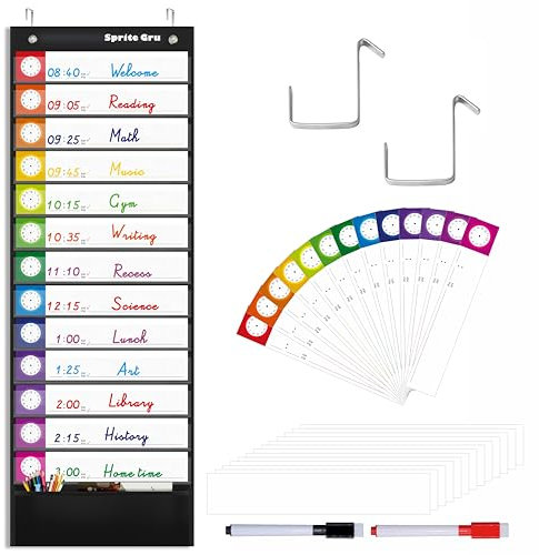 Tagesablauf-Pocket-Chart, Klassenzimmertafeln mit 13+1 Taschen, 13 Doppelseitige Farbige Karten und 13 Leere Karten Inklusive 2 Aufhänger für die Türmontage (Schwarz, 33 cm x 91,4 cm)