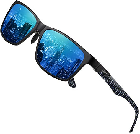 DUCO Herren Polarisierte Sonnenbrille mit Rechteckig Metallrahmen und Kohlefaser Brille Beine UV400 CAT 3 8206 (Schwarz Blau Temple Revo Blue Linse)