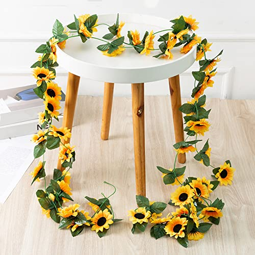 QUUPY 2 Pack Artificial Sunflower Garland Silk Sunflower Vine Artificial Flowers Green Leaves Fabric Floral Head Fake Sunflowers Vine for Wedding Table Home Craft Party Decoration