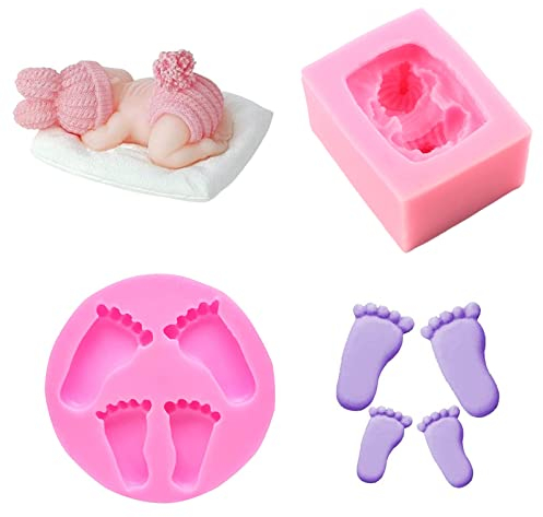 2 Piezas Molde de Silicona para Bebé Dormido 3D - Molde para Hornear Huella, Forma de Bebé y Pastel de Fondant