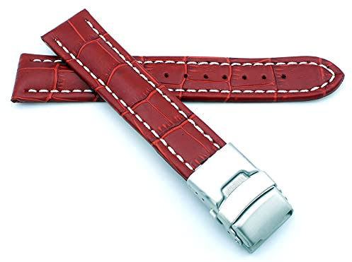 Sulla Uhrenband Alligator Prägung Genuine Leder Armband mit Faltschließe aus Edelstahl Weiße Naht