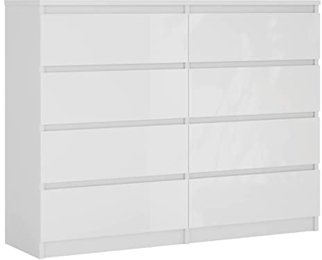 3E 3xE living.com Commode 8 tiroirs 138 cm, Couleur : Blanc Mat/Blanc Brillant, L : 138 cm, P : 39 cm, H : 102 cm,