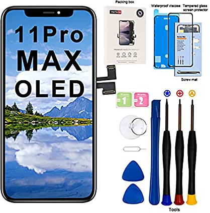 Display für iPhone 11 Pro Max OLED Ersatzbildschirm Full HD Touchscreen Digitizer Assembly mit komplettem Reparaturset + Displayschutz + wasserdichter Kleber für A2218, A2161, A2220 (11 PM-OLED)