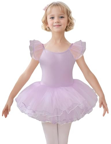 HIPPOSEUS Ragazza Vestito da Balletto Tutu Body Danza Bambina Classica Balletto Abito Manica Corta,Y-04WDM-Viola, 7 anni