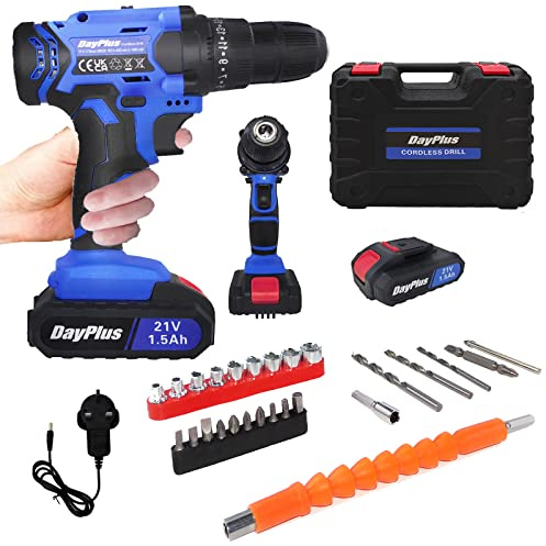 21V Cordless Drill with 2 * 1500mAh Batteries, 45Nm Electric Screwdriver, 3/8 Chuck, 25+1 Torque, 2 Speed - 400rpm/1400rpm, Power Combi Drill with 26pcs Accessories & Case