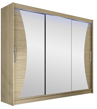 Mirjan24 Kleiderschrank Aston IV, Spiegel, Garderobe, Schlafzimmer, Schwebetürenschrank, Schlafzimmerschrank, Schiebetürenschrank (Sonoma, mit RGB LED Beleuchtung)