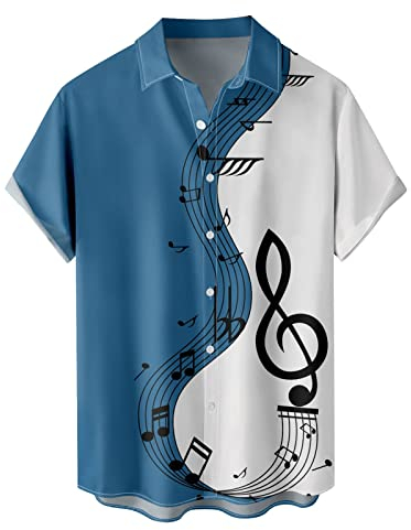 Herren 50er Jahre männlich Kleidung Rockabilly-Art-beiläufige Baumwollbluse Fifties Bowling-Kleid Shirts(Blue,L)