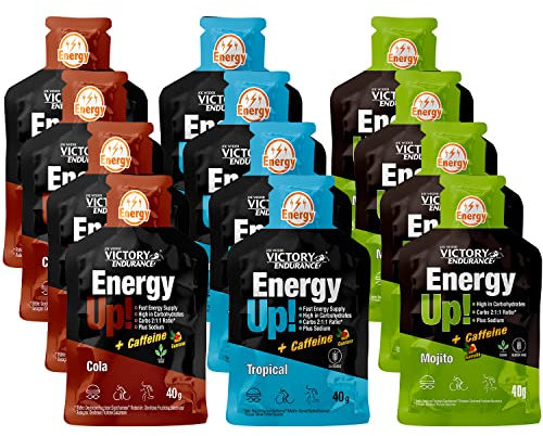 VICTORY ENDURANCE PACK 12x40g Energy Up Gel con Cafeína - 4 x 3 sabores (Cola, Mojito, Tropical). Energía rápida. Alto en Carbohidratos (ratio 2:1:1). Con Extra de Sodio. Fácil de tomar. Sin Gluten.