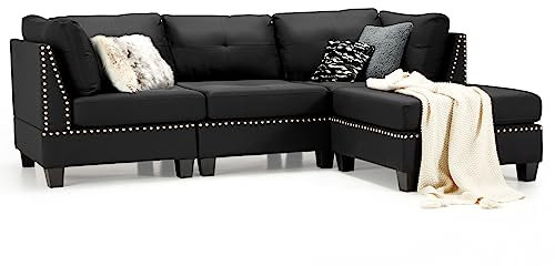 YODOLLA Corner Seater Couch 225cm - Fabric Corner Sofa - Comfortable 3 to 4 Seater Sofa - L Shape Sofabed for Living Room Lounge Black