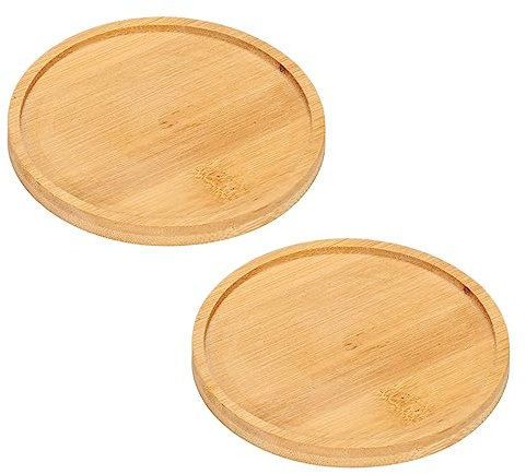 Gativs Bandeja de Bambú 2 Piezas Bandejas de Madera Redondo Plato de Madera para Servir Platos de Madera para Macetas Bandeja de Madera Redonda para Servir Platillo de Bambú para Plantas