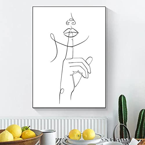 Abstrakte Linien-Kunst, Stopping Talking Hand Geste, Posterdruck, Schwarz-Weiß-Kunst, Minimalismus, Frau, Leinwandgemälde, Wandkunst, 60 x 90 cm, mit Rahmen