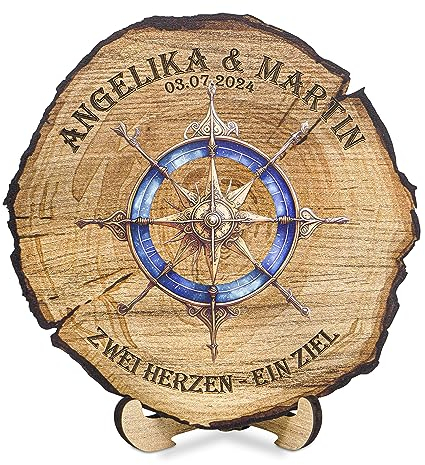 DARO Design - Scheibe Individualisiert - Gravur Personalisiert Name Datum Wunsch-Text - Windrose Kompass 20cm - Holz-Optik - mit Ständer Staffelei