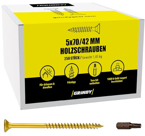 Grindy Torx Lot de 250 vis à bois, 5 x 70 mm, pour panneaux d'aggloméré, vis universelles de qualité supérieure pour l'intérieur et l'extérieur