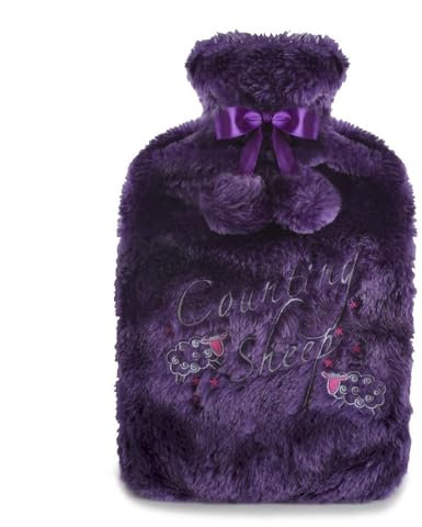 K Collection Embroidered Sloagan Hot Water Bottle with Removable Cover - Counting Sheep Slogan - Soft Plush Purple Cover - Premium Natural Rubber (Purple - Counting Sheep)