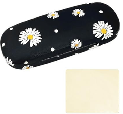 JTMKYO 1 custodia per occhiali a forma di margherita, con 1 panno giallo, unisex, custodia rigida per occhiali, adatta per studio, lavoro e viaggi, Nero , Taglia unica