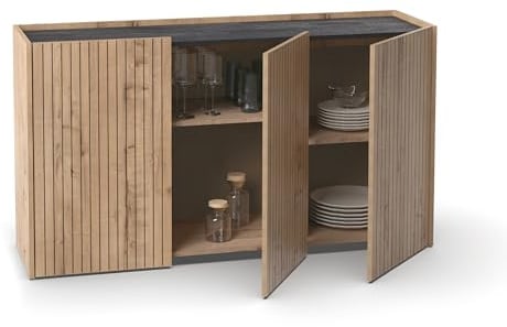 Muebles Pitarch | Sideboard für Wohn- und Esszimmer, Buffet, Beistellschrank, 3 Türen, Schwarz und Eiche Gold, Siebdruckstreifen, 80x140x40 cm, Speisekammer, Küche, Büro, Modern, Modell Irati
