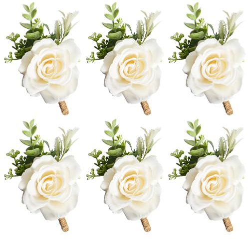 Gvhntk Ansteckblume mit elfenbeinfarbenen Rosen für Herren, Hochzeit, Set mit 6 Stück, für Bräutigam, Trauzeugen, Trauzeugen, künstliche Blumen, Ansteckblume für Hochzeit, Zeremonie, Jahrestag,