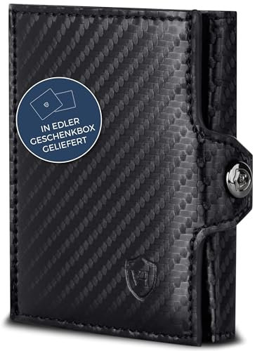 VON HEESEN Slim Wallet mit XXL Münzfach & RFID-Schutz - Mini Geldbörse Herren & Damen - Kartenetui Kreditkartenetui - Portmonee Geldbeutel Portemonnaie klein Carbon-Schwarz