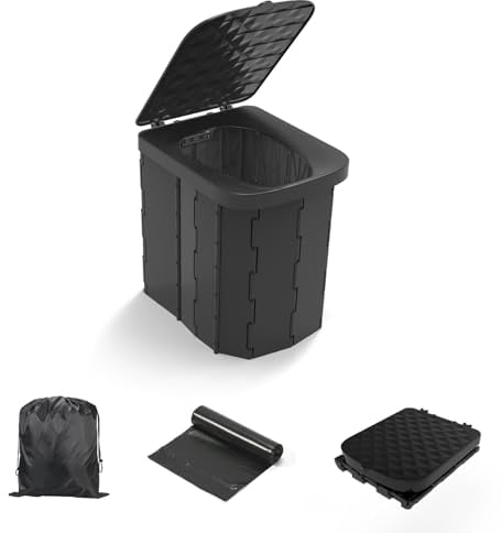 Hapoon XL Portable Folding Camping Toilet - Travel Potty for Adults, 12 Toilet Bags, 12 Pack Liquid Waste Gel, Black