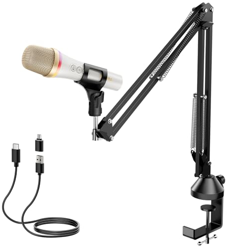 TONOR Dynamisches USB/Typ-C Mikrofon für PC, RGB Podcast Computer Gaming Mikro mit Arm Ständer für Aufnahme, Live, Streaming, YouTube, Gesang, Studio, Karaoke Microfon Quick Mute-Taste Weiß