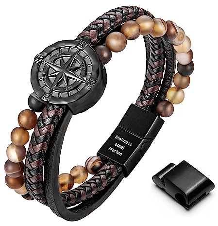 murtoo Bracelet homme, Bracelet en cuir pour homme en noir et en marron, Bracelet boussole, Fermoir magnétique en acier inoxydable, Excellente idée cadeau pour homme(marron,agate,20cm)