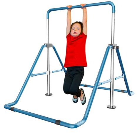 Begoniape Gymnastik Bar für Kinder, Blau Einstellbar Zusammenklappbar Gym Turnreck Gymnastikstange Junior Barren Klimmzug Übung Kletterturm bis 100kg