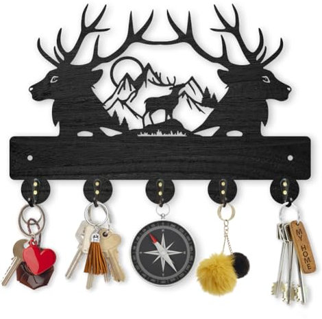 MAYJOYDIY Holz Hirsch Bergwald Schlüsselhaken 30x20cm Schwarzer Hirsch Schlüsselhalter Wandmontage Mit 5 Haken Aus Legierung Für Handtücher Schlüssel Küche Schlafzimmer