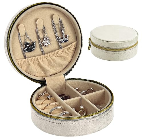 HomeGadget Reise Schmuckkästchen - Runde Schmuck Box aus Samt mit Reißverschluss - Jewelry Organizer - Weiß