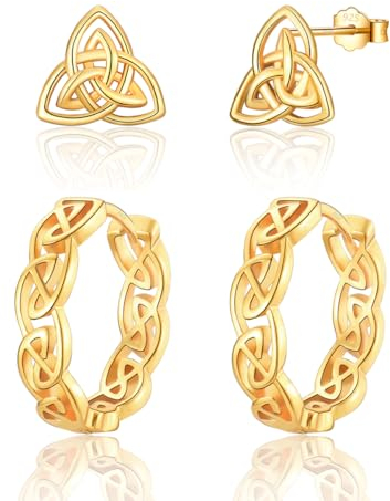 wynn's Goldene Ohrringe Damen, 2 Paar Keltisch Knoten Gold Ohrringe Damen Ohrstecker Set Silber 925, 10mm Ohrstecker Damen & 14mm Knoten Creolen Schmuck Set für Herren