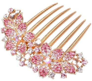Damen Haarkamm mit eingelegten Blumen und Strasssteinen, Braut Haarschmuck Haare Seitenkamm für Mädchen Geschenk (Rosa)