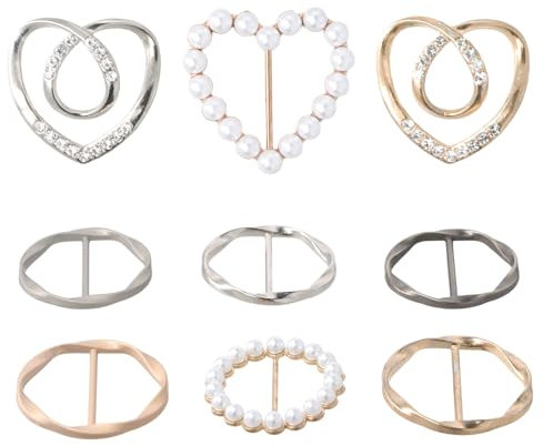Shengxi 9 Pièces Métal T Shirt Clips, Boucles D'Echarpe Clips Chemise Cravates Clip Boucle Coeur Métal Cercle Clip avec Strass Nacrés pour Femmes Mode Vêtements T-Shirt d'Écharpe