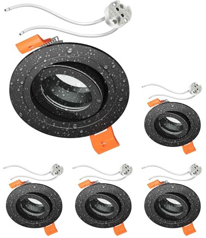ledscom.de 5 Stück Bad-Deckeneinbaurahmen ERID, Feuchtraum, Badezimmer, IP44, rund, schwenkbar, schwarz matt, inkl. GU5.3 Fassung