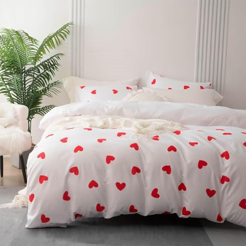 Freyamy Bettwäsche 135x200cm 2teilig Weiß Rot Herz Mädchen Bettwaren-Sets Romantisch Liebe Wendebettwäsche 100% Microfaser Liebesmotiv Bettbezug mit Reißverschluss und Kissenbezug 80x80cm