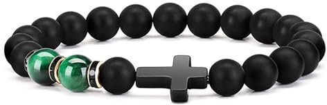 APMGONT Kreuz Armband Herren, Tigerauge Armband, Naturstein-Perlenarmband, Christliche Konfirmation Kommunion Ostern Geburtstag Geschenke, Schmuck Geschenke Für Männer (Grün)