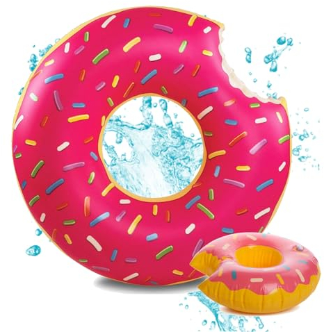 Donut Schwimmring mit 1x Getränkehalter aufblasbar - 120 cm Schwimmreifen für Pool & Wasser - Kinder & Erwachsene (1x Pink)