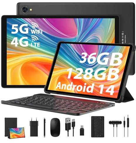 MIXLURE Tablette 10 pouces Android 14 Tablette Octa-Core 2.0Ghz, 36Go RAM + 128Go ROM (1 To TF), 5G+2.4G Dual WiFi, 4G LTE, BT 5.0, 8MP+13MP, 1920*1200 FHD IPS, Tablette avec Clavier et Souris -Noir