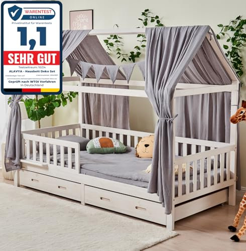 ALAVYA HOME® 3-TLG Hausbett Deko Set mit 2 Stück Betthimmel I 1 Stück Wimpelkette 300cm cm lang für Kinderbett Kinderzimmer I 100% Bio-Musselin Baumwolle I GOTS-Zertifiziert I 125 x 350 cm I Grau