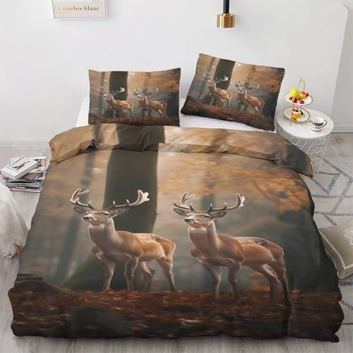 NOGAWA Bettwäsche 135x200 Hirsche - Wildtiere Bettbezug 135x200 2er Set, Weich & Bügelfrei Mikrofaser Bettwäsche-Sets, Wendebettwäsche mit Reißverschluss und 1 Kissenbezug 80x80