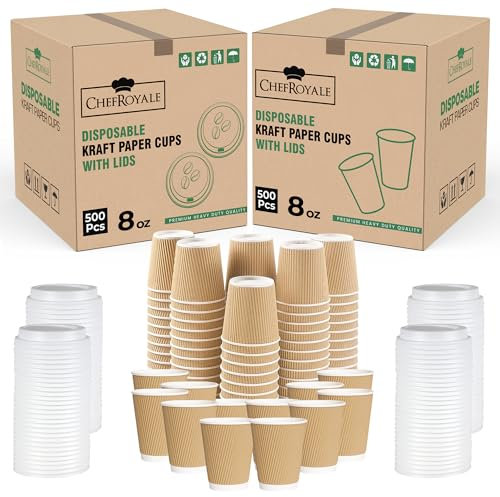 CHEF ROYALE 500x 8oz - Blalck Premium Kraft Triple Walled Disposable Coffee Cups Without Lids Paper Ripple Cups (Black, 8oz)