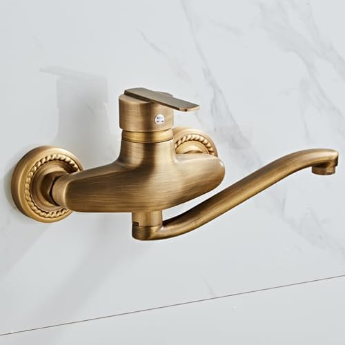 Rubinetto Cucina a Muro, Miscelatore Cucina a Parete Antico Ottone Maniglia Singola Rubinetto Miscelatore Cucina a Muro-Antico