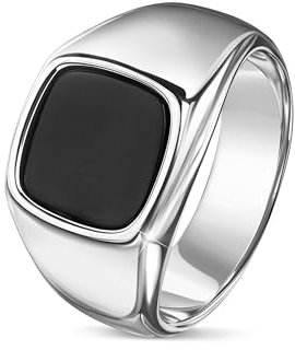 DJADEE Esther Herren Ring Silber Edelstahl Weißgold beschichtet, 18 Karat vergoldet, mit Onyx Stein schwarz, Wasserfest, Nickelfrei, Langlebig, Geschenk für Mann (19,1 mm Ø - 60)