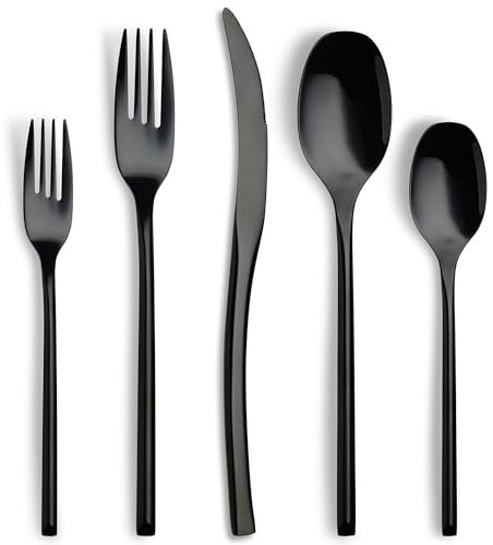 Lemeya 40 Piece Cutlery Set Black Cutlery Set for 8 People, Modern 18/10 Stainless Steel, Luxury, Unique Restaurant Utensils, Spoons and Forks, Mirror Polish, Machine Washable L