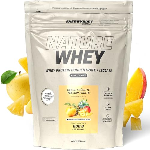 Energybody Nature Whey Protein Isolate & Concentrate 600g Beutel/zucker- und fettarmes Molkenproteinpulver/Eiweiß Pulver ohne künstliche Verdickungsmittel/Eiweiss Shake (Gelbe Früchte)